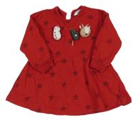 Červené teplákové šaty s hvězdičkami a 3D sněhuláčkem a stromečkem a sobem so cute