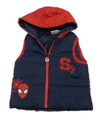 Tmavomodro-červená šusťáková zateplená vesta se Spidermanem a kapucí zn. Marvel