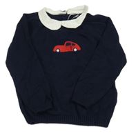 Tmavomodrý svetr s autem a límečkem Tu