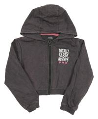 Tmavošedá propínací crop mikina s nápisem a kapucí Studio