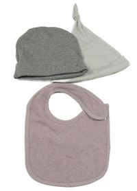 3set - Šedo-bílá pruhovaná bavlněná čepice + šedá melírovaná s nápisem + starorůžový froté slinták