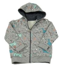 Šedá melírovaná propínací mikina s dinosaury a kapucí