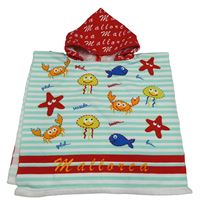 Tyrkysovo-bílo-červené froté osuškové pončo s mořskými živočichy a kapucí