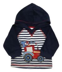 Tmavomodro-bílá pruhovaná fleecová mikina s traktorem a kapucí M&Co.