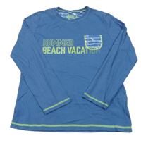 Modré triko s pruhovanou kapsou a nápisem Sanetta