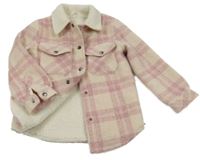 Pudrovo-starorůžová kostkovaná vlněná zateplená košilová bunda M&S