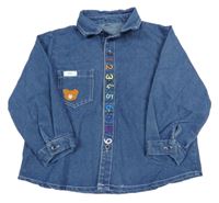 Modrá riflová košilová bunda s čísly a medvědem