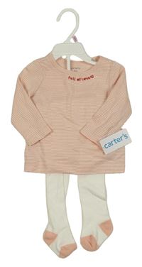 Nové - 2set - Růžovo-bílé pruhované triko s nápisem + bílé punčocháče Carter's