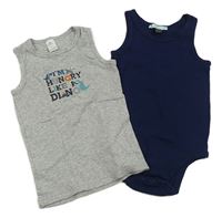 2 set - Šedý melírovaný nátělník s nápisem + tmavomodré body 