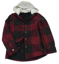 Vínovo-černá kostkovaná fleecová zateplená košilová bunda s šedou teplákovou kapucí St. Bernard