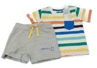 Nové - 2 set - bílo-barevné pruhované tričko + šedé teplákové kraťasy Primark