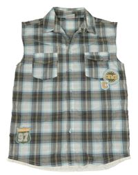 Hnědo-modrá kostkovaná košile s kapsami a nášivkami 