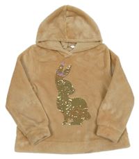 Béžová plyšová mikina s králíkem z flitrů a kapucí H&M