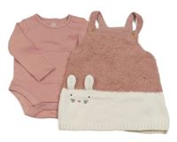 2set - růžové body + růžovo-bílé svetrové šaty s s králíčkem F&F