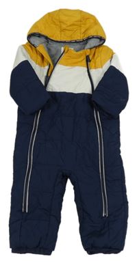 Tmavomodro-žluto-bílá šusťáková zimní kombinéza s kapucí C&A