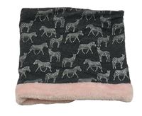 Tmavošedo-růžový zateplený nákrčník se zebrami 