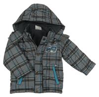 Šedo-černo-modrá kostkovaná šusťáková zimní bunda s autem a kapucí Topolino