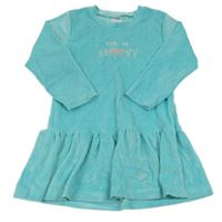 Tyrkysové plyšové šaty nápisem a srdíčky 