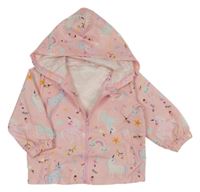 Světlerůžová šusťáková jarní bunda s jednorožci a obrázky a kapucí Shein
