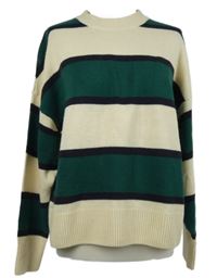 Dámský tmavozeleno-smetanovo-tmavomodrý pruhovaný svetr 