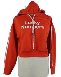 Dámská červená crop mikina s nápisy a kapucí 