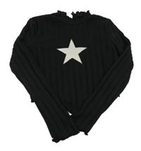 Černé žebrované úpletové crop triko s hvězdou Shein