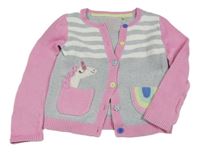 Bílo-šedo-růžový propínací svetr s proužky a jednorožcem TU