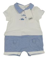 Modro-bílý overal s auty a límečkem