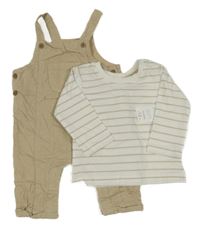 Nové - 2set - Bílo-béžové pruhované triko + béžové manšestrové laclové kalhoty Matalan