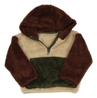 Hnědo-béžovo-khaki chlupatá mikina s kapucí 