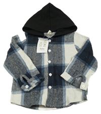Nové - Tmavomodro-šedá kostkovaná košilová bunda s kapucí