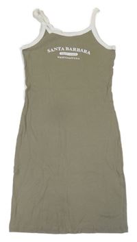 Khaki žebrované šaty s nápisem a bílým lemem New Look