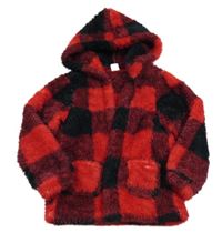 Černo-červený kostkovaný chlupatý cardigan s kapucí Shein