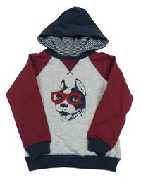 Šedo-vínovo-tmavomodrá mikina s pejskem a kapucí Little Me