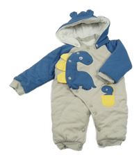 Béžovo-modrá bavlněná zateplená kombinéza s dinosaurem a kapucí 