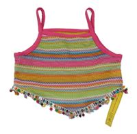 Nové - Barevný pruhovaný háčkovaný crop top s bambulkami 