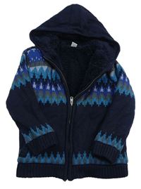 Tmavomodro-modro-modrozelený vzorovaný pletený propínací zateplený svetr s kapucí Tu