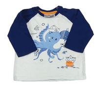 Bílo-tmavomodré triko s chobotnicí a velrybou a krabem Ergee
