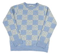 Světlemodro-bílý kostkovaný melíroavný svetr s květy PRIMARK