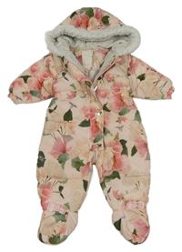 Světlerůžová prošívaná šusťáková zimní kombinéza s růžemi a kapucí s kožešinou zn. Ted Baker