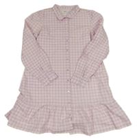 Světlerůžovo-levandulové kostkované plátěné propínací košilové šaty sinsay