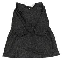 Černo-stříbrné melírované žebrované úpletové šaty s volánky PRIMARK