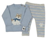Nové - 2Set - Světlemodrý svetr s pejskem + světlemodro/šedé pruhované pletené tepláky St. Bernard