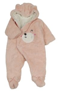 Světlerůžová kožešinová zateplená kombinéza s medvídkem a kapucí s oušky