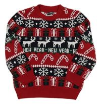 Tmavočerveno-černo-smaragdový pletený vánoční svetr s obrázky LC WaIKIKI