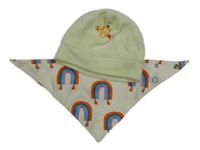 2Set - Světlezelená sametová čepice s medvídkem Chicco + smetanový šátek/slinták s duhami 
