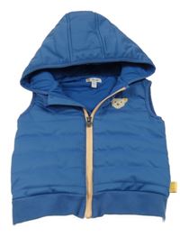 Modrá prošívaná šusťáková zateplená vesta s medvídkem a kapucí Steiff