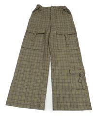 Hnědo-mahagonovo-černé kostkované vzorované cargo široké kalhoty ZARA