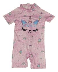 Růžový skvrnitý UV overal s jednorožcem a obrázky