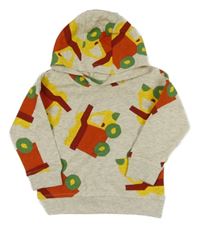 Světlešedá melírovaná mikina s nákladními auty a kapucí St. Bernard